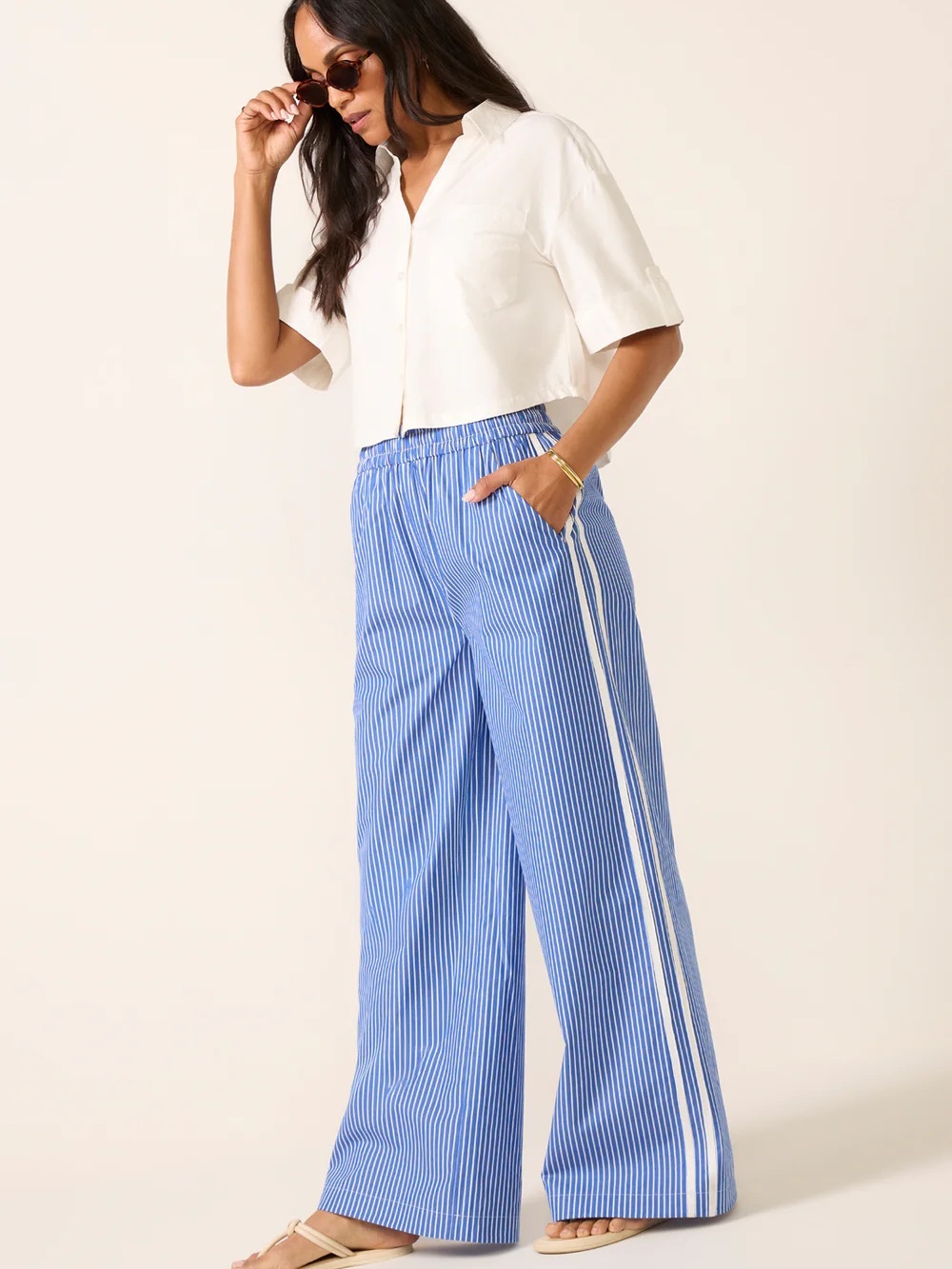 Evereve poplin Blue and White Striped Wide-Leg Pants - Picture 4 of 4